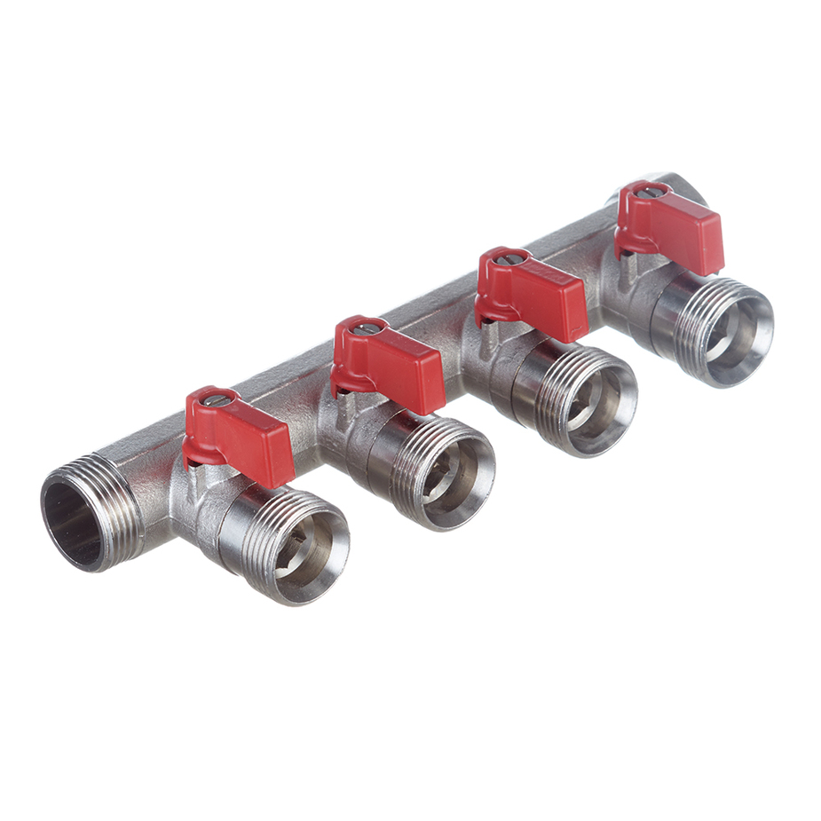 Henco Коллектор 3/4" с красными шаровыми кранами, 3/4"НР под евроконус, 3/4" - 4xEK14,16,18,20 Henco Коллектор 3/4" с красными шаровыми кранами, 3/4"НР под евроконус, 3/4" - 4xEK14,16,18,20