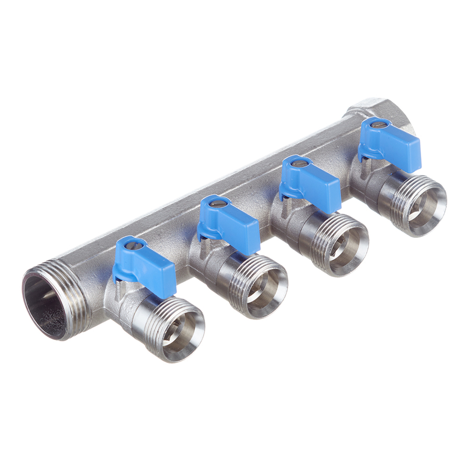 Henco Коллектор 1" с синими шаровыми кранами, 3/4"НР под евроконус, 1" - 4xEK14,16,18,20 Henco Коллектор 1" с синими шаровыми кранами, 3/4"НР под евроконус, 1" - 4xEK14,16,18,20