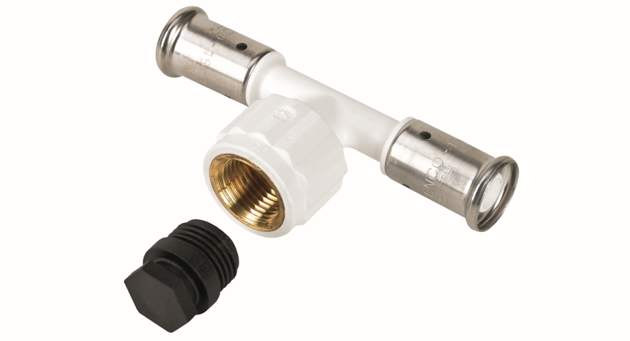 Henco Тройник ВР 26x1/2"x26 ПВДФ пресс (белый) c черной заглушкой Henco Тройник ВР 26x1/2"x26 ПВДФ пресс (белый) c черной заглушкой