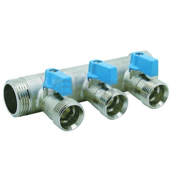 Henco Коллектор 3/4" с синими шаровыми кранами, 3/4"НР под евроконус, 3/4" - 3xEK14,16,18,20 Henco Коллектор 3/4" с синими шаровыми кранами, 3/4"НР под евроконус, 3/4" - 3xEK14,16,18,20
