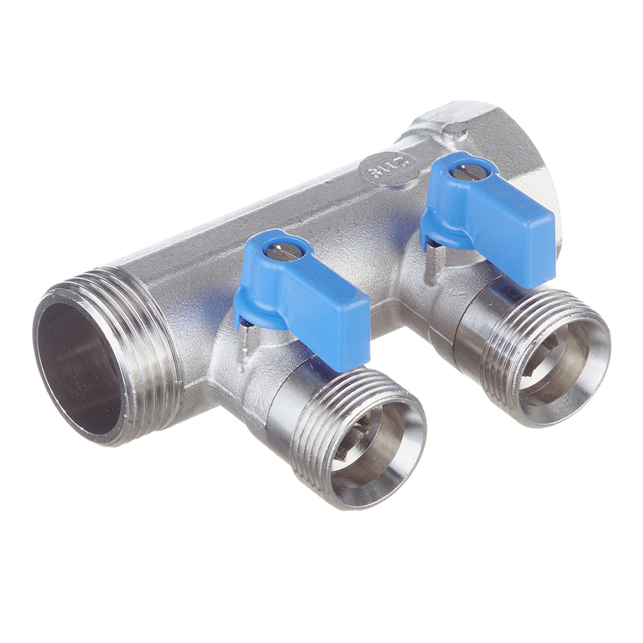 Henco Коллектор 3/4" с синими шаровыми кранами, 3/4"НР под евроконус, 3/4" - 2xEK14,16,18,20 Henco Коллектор 3/4" с синими шаровыми кранами, 3/4"НР под евроконус, 3/4" - 2xEK14,16,18,20